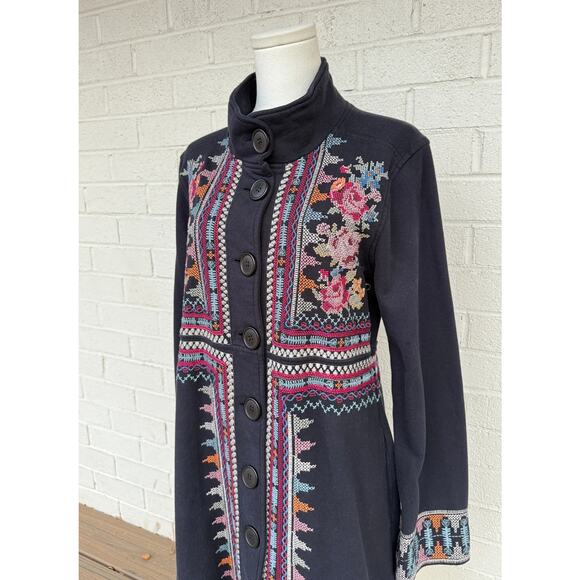 Johnny Was Navy Floral Cross Stitch Embroidered Button Front Long Jacket Coat M - Picture 4 of 9